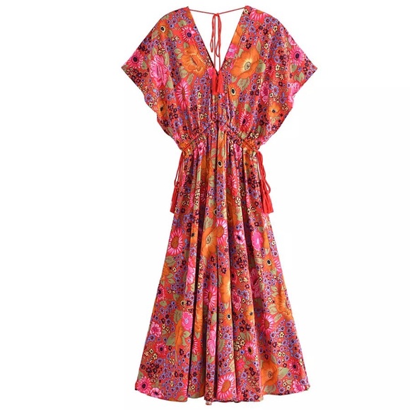 Red Lovebird Boho Floral Flare Maxi Dress W/Empire Waist Tassels&Batwing Sleeves - Picture 7 of 15